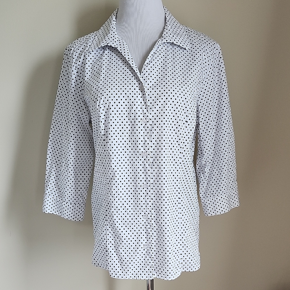 Christopher & Banks White Button-Down Shirt w/Black Polka Dots - Size Large